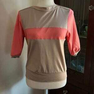 Vintage 70s/80s Active Wear Beige Coral Colorblock Short Sleeve Sporty Top Sz S